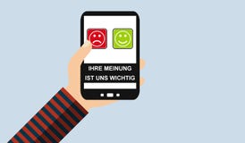 Hand with mobile phone: Your oppinion matters german - Flat Design royalty free illustration Hand with mobile phone: Your oppinion matters german - Flat Design royalty free illustration