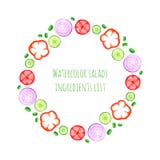 Hand paint watercolor vector frame with vegetables set - onion, pepper, cucumber, tomato. Summer ingredients collection for salad stock illustration Hand paint watercolor vector frame with vegetables set - onion, pepper, cucumber, tomato. Summer ingredients collection for salad stock illustration
