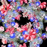 Hand painted merry christmas seamless pattern with watercolor Christmas tree, balls of blue colors, gifts and toys. stock photography Hand painted merry christmas seamless pattern with watercolor Christmas tree, balls of blue colors, gifts and toys. stock photography