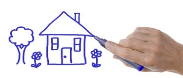 Hand with Pen Drawing House and Tree vector illustration Hand with Pen Drawing House and Tree vector illustration