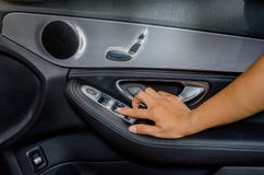 Hand Press On Car Windows Control Stock Photo Hand Press On Car Windows Control Stock Photo