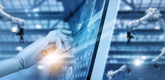 Hand of robot working on control panel in intelligent factory. stock image Hand of robot working on control panel in intelligent factory. stock image