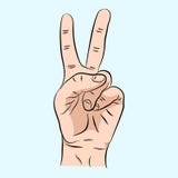 Hand sign victory sign or peace sign or scissors. Vector color illustration isolated on a blue background. For web stock illustration Hand sign victory sign or peace sign or scissors. Vector color illustration isolated on a blue background. For web stock illustration