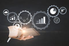 Hand with touchpad and cogs stock illustration Hand with touchpad and cogs stock illustration