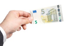 Hand van de bedrijfsmens met vijf Euro in bankbiljetten royalty-vrije stock afbeelding Hand van de bedrijfsmens met vijf Euro in bankbiljetten royalty-vrije stock afbeelding