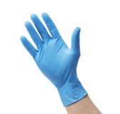Hand wearing nitrile gloves on white background
