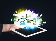 Hand which holds a tablet with digital charts and graphs. royalty free illustration Hand which holds a tablet with digital charts and graphs. royalty free illustration