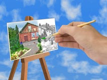 Hand With Brush, House On Paper Royalty Free Stock Image