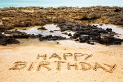 Rocks, water, sand and happy birthday