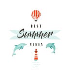 Handdrawn vector abstract summer time fun illustration logotype or sign with dolphins,hot air balloon,lighthouse and Royalty Free Stock Images Handdrawn vector abstract summer time fun illustration logotype or sign with dolphins,hot air balloon,lighthouse and Royalty Free Stock Images