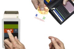 handel Nabywca płaci z banknotem 10 euro Kasjer akceptuje zapłatę i robi czekowi przy terminal obrazy stock handel Nabywca płaci z banknotem 10 euro Kasjer akceptuje zapłatę i robi czekowi przy terminal obrazy stock