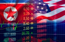 Handelskonfliktwirtschaft USA Amerika und Börse-Austauschanalyse des Nordkorea-Flaggenkerzenständerdiagramms lizenzfreie stockfotos Handelskonfliktwirtschaft USA Amerika und Börse-Austauschanalyse des Nordkorea-Flaggenkerzenständerdiagramms lizenzfreie stockfotos