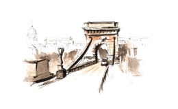 Handgemalte Aquarellskizzen-Illustration Hängebrücke Budapes vektor abbildung Handgemalte Aquarellskizzen-Illustration Hängebrücke Budapes vektor abbildung