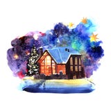 Handgezogene Aquarellwinter-Nachtlandschaft mit Haus vektor abbildung Handgezogene Aquarellwinter-Nachtlandschaft mit Haus vektor abbildung