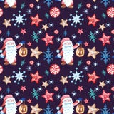 Handgezogenes festliches Weihnachtsnahtloses Muster in der scandivanian Art mit Gnomen, Schneeflocken und Lebkuchenplätzchen verz lizenzfreie abbildung Handgezogenes festliches Weihnachtsnahtloses Muster in der scandivanian Art mit Gnomen, Schneeflocken und Lebkuchenplätzchen verz lizenzfreie abbildung
