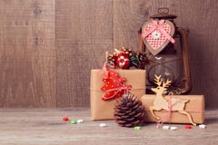 Handmade Christmas Gifts With Vintage Lantern On Wooden Table Stock Photography Handmade Christmas Gifts With Vintage Lantern On Wooden Table Stock Photography