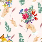 Hands and flowers. Vintage vector summer seamless pattern stock illustration Hands and flowers. Vintage vector summer seamless pattern stock illustration