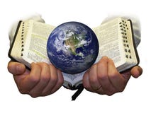 Hands holding Bible and Globe - WHITE