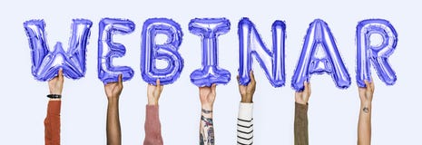 Hands holding webinar word in balloon letters