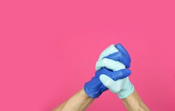Hands In Latex Medical Gloves Different Color Locked Together, Sign Of Joint Fight Against The Epidemic, Copy Space Stock Image