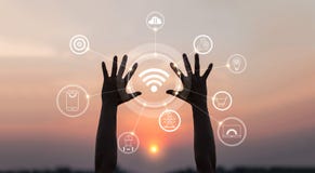 Hands with innovative icon and development of telecommunication. royalty free stock photos Hands with innovative icon and development of telecommunication. royalty free stock photos