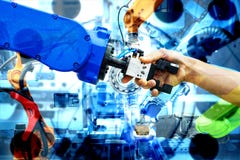 Handshake of robotic and human join for teamwork on smart factory with double exposure image stock images Handshake of robotic and human join for teamwork on smart factory with double exposure image stock images