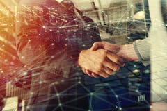 Handshaking business person in office with network effect. concept of teamwork and partnership. double exposure royalty free stock image Handshaking business person in office with network effect. concept of teamwork and partnership. double exposure royalty free stock image