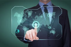 Handsome businessman touching a world map on the screen showing global connection between different continents. stock images Handsome businessman touching a world map on the screen showing global connection between different continents. stock images