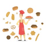 Baker with a fruit pie. Set of bakery products royalty free illustration Baker with a fruit pie. Set of bakery products royalty free illustration