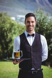 Handsome waiter holding a tray with a pint of beer Stock Image Handsome waiter holding a tray with a pint of beer Stock Image