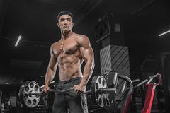 A handsome young man with an idyllic figure doing exercises using a barbell, in a modern sorcery club on a dark background, coach stock images A handsome young man with an idyllic figure doing exercises using a barbell, in a modern sorcery club on a dark background, coach stock images