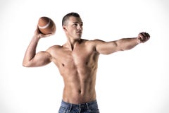 Handsome, young man shirtless, throwing american football ball royalty free stock images Handsome, young man shirtless, throwing american football ball royalty free stock images