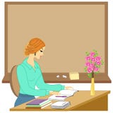 Handsome young teacher. The girl is sitting at the table near the window. A woman writes in a class journal. Vector illustration vector illustration Handsome young teacher. The girl is sitting at the table near the window. A woman writes in a class journal. Vector illustration vector illustration