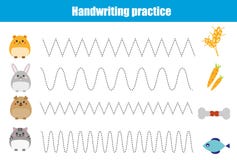 Handwriting practice sheet. Educational children game, printable worksheet for kids with wavy lines and animals royalty free illustration Handwriting practice sheet. Educational children game, printable worksheet for kids with wavy lines and animals royalty free illustration
