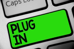 Handwriting text Plug In. Concept meaning putting device into electricity to turn it on Power it Connecting Keyboard green key Int royalty free stock photography Handwriting text Plug In. Concept meaning putting device into electricity to turn it on Power it Connecting Keyboard green key Int royalty free stock photography