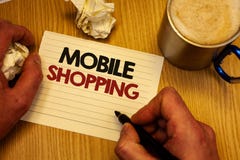 Handwriting text writing Mobile Shopping. Concept meaning Buying Products Online Technological Purchase Wireless Sales Man holding Stock Image Handwriting text writing Mobile Shopping. Concept meaning Buying Products Online Technological Purchase Wireless Sales Man holding Stock Image
