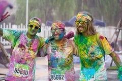 Hanoi, Vietnam - Sep 23, 2015: Group of Caucasians taking selfie photo in public color run event in Hanoi capital city. Hundreds o Stock Photography Hanoi, Vietnam - Sep 23, 2015: Group of Caucasians taking selfie photo in public color run event in Hanoi capital city. Hundreds o Stock Photography