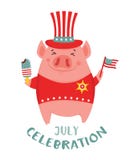 Happy 4th Of July. Funny Pig Celebration USA Independence Day Holding An Ice Cream And A American Flag. Greeting Card. - Royalty Free Stock Photos