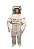 Happy Asian woman with big smile in white astronaut suit and astronaut helmet dreaming to be spacewoman isolate on white