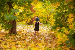 Happy Autumn. A Little Baby Girl Is Playing With Falling Maple Leaves And Laughing Stock Photo