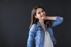 Happy beautiful woman portrait on dark background Royalty Free Stock Photos Happy beautiful woman portrait on dark background Royalty Free Stock Photos