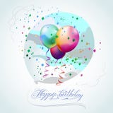 Happy Birthday Balloons. Balloons made by mesh gradient. Background with clouds is clipping mask. Handmade calligraphy lettering stock illustration Happy Birthday Balloons. Balloons made by mesh gradient. Background with clouds is clipping mask. Handmade calligraphy lettering stock illustration