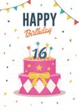 Birthday greeting and invitation card with sweet 16 birthday cake illustration vector illustration Birthday greeting and invitation card with sweet 16 birthday cake illustration vector illustration