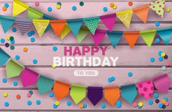 Happy Birthday card with colorful paper garlands and confetti Stock Photo Happy Birthday card with colorful paper garlands and confetti Stock Photo