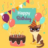 Happy birthday card with funny grumpy cat, cake, colorful balloons on bright yellow background. Vector illustration. Stock Photos Happy birthday card with funny grumpy cat, cake, colorful balloons on bright yellow background. Vector illustration. Stock Photos