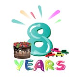 Happy Birthday eight 8 year, fun design with number and cake. Vector illustration royalty free illustration Happy Birthday eight 8 year, fun design with number and cake. Vector illustration royalty free illustration