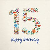 Happy birthday 15 fifteen years flower decoration. Happy Birthday 15 fifteen years design with number made of colorful spring flowers and animals on paper royalty free illustration Happy birthday 15 fifteen years flower decoration. Happy Birthday 15 fifteen years design with number made of colorful spring flowers and animals on paper royalty free illustration
