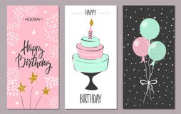 Happy birthday greeting cards and party invitation templates, illustration. Hand drawn style. royalty free illustration Happy birthday greeting cards and party invitation templates, illustration. Hand drawn style. royalty free illustration