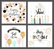 Happy birthday greeting cards and party invitation templates with lettering text. Vector illustration. Hand drawn style.