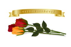 Happy Birthday. Set of golden vector ribbons with voThree multicolored roses lying on the surface with realistic shadows and a gol stock illustration Happy Birthday. Set of golden vector ribbons with voThree multicolored roses lying on the surface with realistic shadows and a gol stock illustration